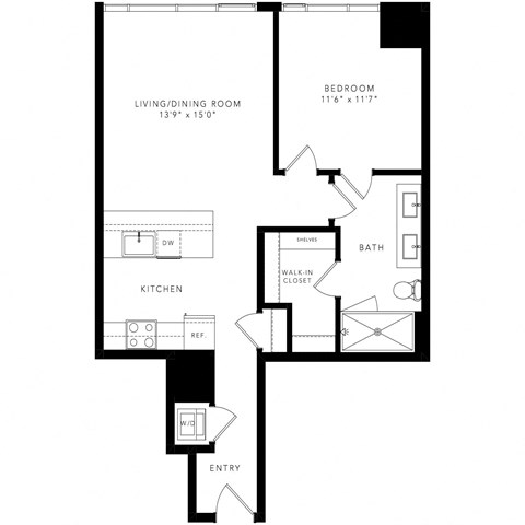 Floor plan for 1 bed, 1 bath, 765 sqft